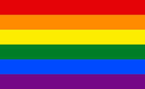 A rectangle image of the LGBTQI flag with a red, orange, yellow, green, blue and purple horizontal stripes.